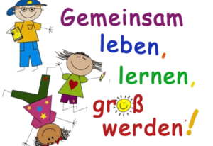 Illustration von turnenden Kindern und dem Spruch Gemeinsam leben, lernen, groß werden.