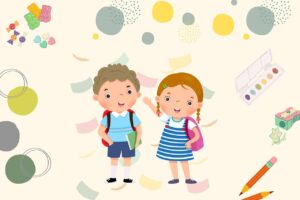 Illustration Schüler und Schülerin. Im Hindergrund mit div. Schulutensilien